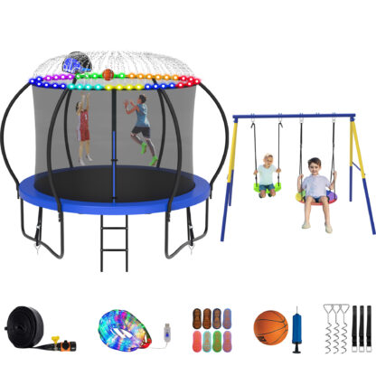 Jump Into Fun Trampoline 8 10 12 14 15 16FT, Trampoline with Enclosure, Basketball Hoop, Swing, LED Light and More Gifts, 800LBS Trampoline for 2-3 Kids, Outdoor Galvanized Spray No Gap Trampoline