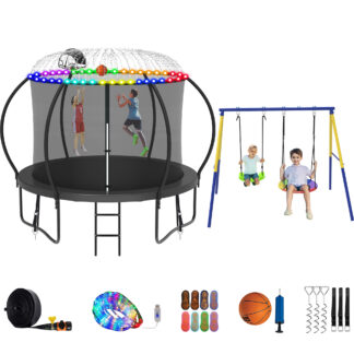 Jump Into Fun Trampoline 8 10 12 14 15 16FT, Trampoline with Enclosure, Basketball Hoop, Swing, LED Light and More Gifts, 800LBS Trampoline for 2-3 Kids, Outdoor Galvanized Spray No Gap Trampoline