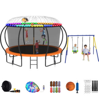 Jump Into Fun Trampoline 8 10 12 14 15 16FT, Trampoline with Enclosure, Basketball Hoop, Swing, LED Light and Gifts, 1200LBS Trampoline for 1-2 Adults/ 5-6 Kids, Outdoor Galvanized Spray Trampoline