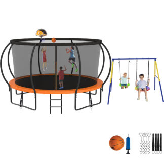 Jump Into Fun Trampoline 8 10 12 14 15 16FT, Trampoline with Enclosure, Basketball Hoop, Swing and Wind Stakes, 1200LBS Trampoline for 1-2 Adults/ 5-6 Kids, Outdoor Galvanized Spray Trampoline