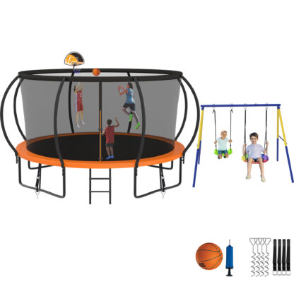 Jump Into Fun Trampoline 8 10 12 14 15 16FT, Trampoline with Enclosure, Basketball Hoop, Swing and Wind Stakes, 1200LBS Trampoline for 1-2 Adults/ 5-6 Kids, Outdoor Galvanized Spray Trampoline