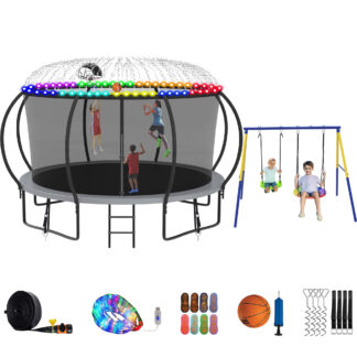 Jump Into Fun Trampoline 8 10 12 14 15 16FT, Trampoline with Enclosure, Basketball Hoop, Swing, LED Light and Gifts, 1200LBS Trampoline for 1-2 Adults/ 5-6 Kids, Outdoor Galvanized Spray Trampoline