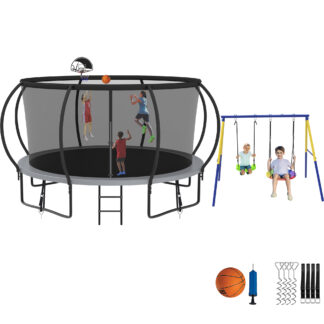 Jump Into Fun Trampoline 8 10 12 14 15 16FT, Trampoline with Enclosure, Basketball Hoop, Swing and Wind Stakes, 1200LBS Trampoline for 1-2 Adults/ 5-6 Kids, Outdoor Galvanized Spray Trampoline