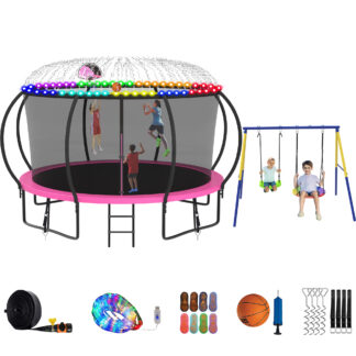 Jump Into Fun Trampoline 8 10 12 14 15 16FT, Trampoline with Enclosure, Basketball Hoop, Swing, LED Light and Gifts, 1200LBS Trampoline for 1-2 Adults/ 5-6 Kids, Outdoor Galvanized Spray Trampoline