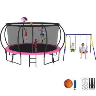 Jump Into Fun Trampoline 8 10 12 14 15 16FT, Trampoline with Enclosure, Basketball Hoop, Swing and Wind Stakes, 1200LBS Trampoline for 1-2 Adults/ 5-6 Kids, Outdoor Galvanized Spray Trampoline