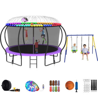 Jump Into Fun Trampoline 8 10 12 14 15 16FT, Trampoline with Enclosure, Basketball Hoop, Swing, LED Light and Gifts, 1200LBS Trampoline for 1-2 Adults/ 5-6 Kids, Outdoor Galvanized Spray Trampoline