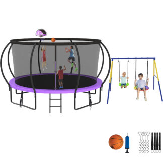 Jump Into Fun Trampoline 8 10 12 14 15 16FT, Trampoline with Enclosure, Basketball Hoop, Swing and Wind Stakes, 1200LBS Trampoline for 1-2 Adults/ 5-6 Kids, Outdoor Galvanized Spray Trampoline