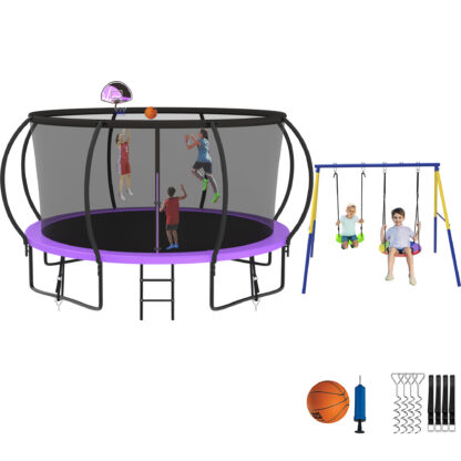 Jump Into Fun Trampoline 8 10 12 14 15 16FT, Trampoline with Enclosure, Basketball Hoop, Swing and Wind Stakes, 1200LBS Trampoline for 1-2 Adults/ 5-6 Kids, Outdoor Galvanized Spray Trampoline