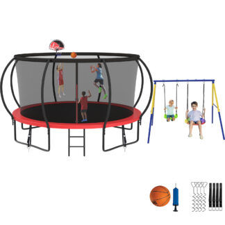 Jump Into Fun Trampoline 8 10 12 14 15 16FT, Trampoline with Enclosure, Basketball Hoop, Swing and Wind Stakes, 1200LBS Trampoline for 1-2 Adults/ 5-6 Kids, Outdoor Galvanized Spray Trampoline