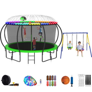 Jump Into Fun Trampoline 8 10 12 14 15 16FT, Trampoline with Enclosure, Basketball Hoop, Swing, LED Light and Gifts, 1200LBS Trampoline for 1-2 Adults/ 5-6 Kids, Outdoor Galvanized Spray Trampoline
