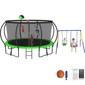 Jump Into Fun Trampoline 8 10 12 14 15 16FT, Trampoline with Enclosure, Basketball Hoop, Swing and Wind Stakes, 1200LBS Trampoline for 1-2 Adults/ 5-6 Kids, Outdoor Galvanized Spray Trampoline