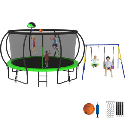 Jump Into Fun Trampoline 8 10 12 14 15 16FT, Trampoline with Enclosure, Basketball Hoop, Swing and Wind Stakes, 1200LBS Trampoline for 1-2 Adults/ 5-6 Kids, Outdoor Galvanized Spray Trampoline