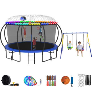 Jump Into Fun Trampoline 8 10 12 14 15 16FT, Trampoline with Enclosure, Basketball Hoop, Swing, LED Light and Gifts, 1200LBS Trampoline for 1-2 Adults/ 5-6 Kids, Outdoor Galvanized Spray Trampoline