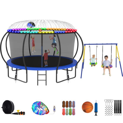 Jump Into Fun Trampoline 8 10 12 14 15 16FT, Trampoline with Enclosure, Basketball Hoop, Swing, LED Light and Gifts, 1200LBS Trampoline for 1-2 Adults/ 5-6 Kids, Outdoor Galvanized Spray Trampoline