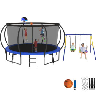 Jump Into Fun Trampoline 8 10 12 14 15 16FT, Trampoline with Enclosure, Basketball Hoop, Swing and Wind Stakes, 1200LBS Trampoline for 1-2 Adults/ 5-6 Kids, Outdoor Galvanized Spray Trampoline