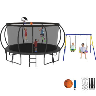 Jump Into Fun Trampoline 8 10 12 14 15 16FT, Trampoline with Enclosure, Basketball Hoop, Swing and Wind Stakes, 1200LBS Trampoline for 1-2 Adults/ 5-6 Kids, Outdoor Galvanized Spray Trampoline
