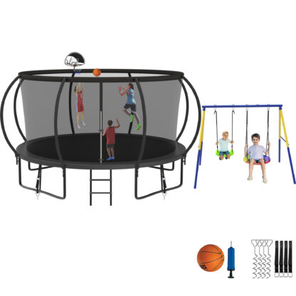 Jump Into Fun Trampoline 8 10 12 14 15 16FT, Trampoline with Enclosure, Basketball Hoop, Swing and Wind Stakes, 1200LBS Trampoline for 1-2 Adults/ 5-6 Kids, Outdoor Galvanized Spray Trampoline