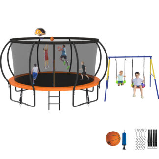 Jump Into Fun Trampoline 8 10 12 14 15 16FT, Trampoline with Enclosure, Basketball Hoop, Swing and Wind Stakes, 1400LBS Trampoline for 2-3 Adults/ 6-7 Kids, Outdoor Galvanized Spray Trampoline