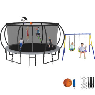 Jump Into Fun Trampoline 8 10 12 14 15 16FT, Trampoline with Enclosure, Basketball Hoop, Swing and Wind Stakes, 1400LBS Trampoline for 2-3 Adults/ 6-7 Kids, Outdoor Galvanized Spray Trampoline