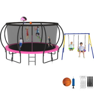 Jump Into Fun Trampoline 8 10 12 14 15 16FT, Trampoline with Enclosure, Basketball Hoop, Swing and Wind Stakes, 1400LBS Trampoline for 2-3 Adults/ 6-7 Kids, Outdoor Galvanized Spray Trampoline