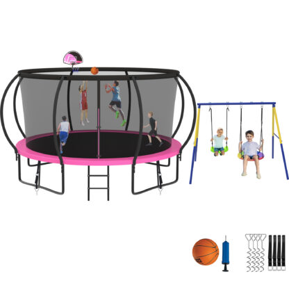 Jump Into Fun Trampoline 8 10 12 14 15 16FT, Trampoline with Enclosure, Basketball Hoop, Swing and Wind Stakes, 1400LBS Trampoline for 2-3 Adults/ 6-7 Kids, Outdoor Galvanized Spray Trampoline