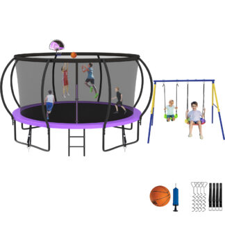 Jump Into Fun Trampoline 8 10 12 14 15 16FT, Trampoline with Enclosure, Basketball Hoop, Swing and Wind Stakes, 1400LBS Trampoline for 2-3 Adults/ 6-7 Kids, Outdoor Galvanized Spray Trampoline