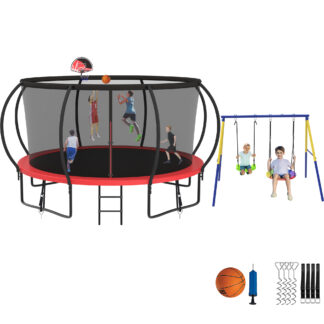 Jump Into Fun Trampoline 8 10 12 14 15 16FT, Trampoline with Enclosure, Basketball Hoop, Swing and Wind Stakes, 1400LBS Trampoline for 2-3 Adults/ 6-7 Kids, Outdoor Galvanized Spray Trampoline