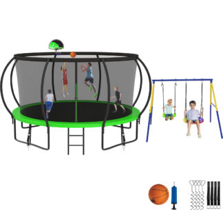 Jump Into Fun Trampoline 8 10 12 14 15 16FT, Trampoline with Enclosure, Basketball Hoop, Swing and Wind Stakes, 1400LBS Trampoline for 2-3 Adults/ 6-7 Kids, Outdoor Galvanized Spray Trampoline