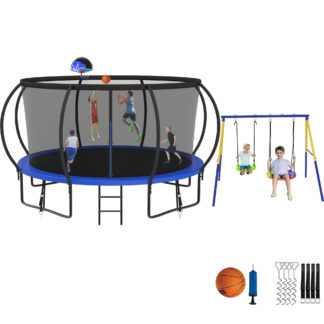Jump Into Fun Trampoline 8 10 12 14 15 16FT, Trampoline with Enclosure, Basketball Hoop, Swing and Wind Stakes, 1400LBS Trampoline for 2-3 Adults/ 6-7 Kids, Outdoor Galvanized Spray Trampoline
