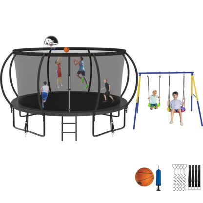 Jump Into Fun Trampoline 8 10 12 14 15 16FT, Trampoline with Enclosure, Basketball Hoop, Swing and Wind Stakes, 1400LBS Trampoline for 2-3 Adults/ 6-7 Kids, Outdoor Galvanized Spray Trampoline