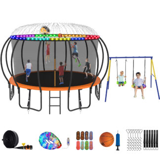 Jump Into Fun Trampoline 8 10 12 14 15 16FT, Trampoline with Enclosure, Basketball Hoop, Swing, LED Light and Gifts, 1500LBS Trampoline for 3-4 Adults/ 7-8 Kids, Outdoor Galvanized Spray Trampoline