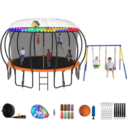 Jump Into Fun Trampoline 8 10 12 14 15 16FT, Trampoline with Enclosure, Basketball Hoop, Swing, LED Light and Gifts, 1500LBS Trampoline for 3-4 Adults/ 7-8 Kids, Outdoor Galvanized Spray Trampoline