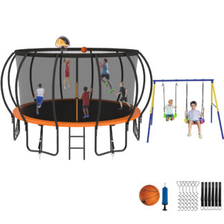 Jump Into Fun Trampoline 8 10 12 14 15 16FT, Trampoline with Enclosure, Basketball Hoop, Swing and Wind Stakes, 1500LBS Trampoline for 3-4 Adults/ 7-8 Kids, Outdoor Galvanized Spray Trampoline