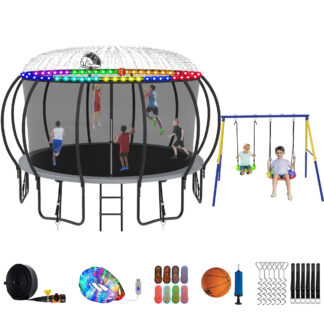 Jump Into Fun Trampoline 8 10 12 14 15 16FT, Trampoline with Enclosure, Basketball Hoop, Swing, LED Light and Gifts, 1500LBS Trampoline for 3-4 Adults/ 7-8 Kids, Outdoor Galvanized Spray Trampoline