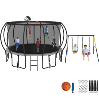 Jump Into Fun Trampoline 8 10 12 14 15 16FT, Trampoline with Enclosure, Basketball Hoop, Swing and Wind Stakes, 1500LBS Trampoline for 3-4 Adults/ 7-8 Kids, Outdoor Galvanized Spray Trampoline