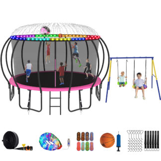 Jump Into Fun Trampoline 8 10 12 14 15 16FT, Trampoline with Enclosure, Basketball Hoop, Swing, LED Light and Gifts, 1500LBS Trampoline for 3-4 Adults/ 7-8 Kids, Outdoor Galvanized Spray Trampoline