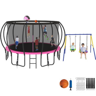 Jump Into Fun Trampoline 8 10 12 14 15 16FT, Trampoline with Enclosure, Basketball Hoop, Swing and Wind Stakes, 1500LBS Trampoline for 3-4 Adults/ 7-8 Kids, Outdoor Galvanized Spray Trampoline