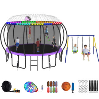 Jump Into Fun Trampoline 8 10 12 14 15 16FT, Trampoline with Enclosure, Basketball Hoop, Swing, LED Light and Gifts, 1500LBS Trampoline for 3-4 Adults/ 7-8 Kids, Outdoor Galvanized Spray Trampoline