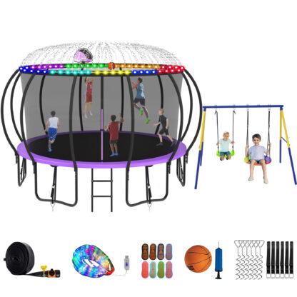 Jump Into Fun Trampoline 8 10 12 14 15 16FT, Trampoline with Enclosure, Basketball Hoop, Swing, LED Light and Gifts, 1500LBS Trampoline for 3-4 Adults/ 7-8 Kids, Outdoor Galvanized Spray Trampoline