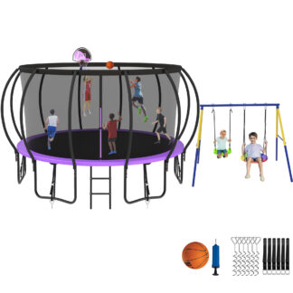 Jump Into Fun Trampoline 8 10 12 14 15 16FT, Trampoline with Enclosure, Basketball Hoop, Swing and Wind Stakes, 1500LBS Trampoline for 3-4 Adults/ 7-8 Kids, Outdoor Galvanized Spray Trampoline