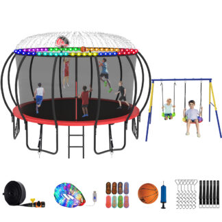 Jump Into Fun Trampoline 8 10 12 14 15 16FT, Trampoline with Enclosure, Basketball Hoop, Swing, LED Light and Gifts, 1500LBS Trampoline for 3-4 Adults/ 7-8 Kids, Outdoor Galvanized Spray Trampoline