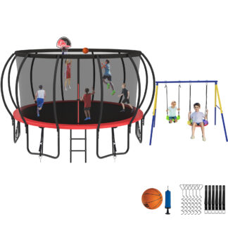 Jump Into Fun Trampoline 8 10 12 14 15 16FT, Trampoline with Enclosure, Basketball Hoop, Swing and Wind Stakes, 1500LBS Trampoline for 3-4 Adults/ 7-8 Kids, Outdoor Galvanized Spray Trampoline