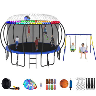 Jump Into Fun Trampoline 8 10 12 14 15 16FT, Trampoline with Enclosure, Basketball Hoop, Swing, LED Light and Gifts, 1500LBS Trampoline for 3-4 Adults/ 7-8 Kids, Outdoor Galvanized Spray Trampoline
