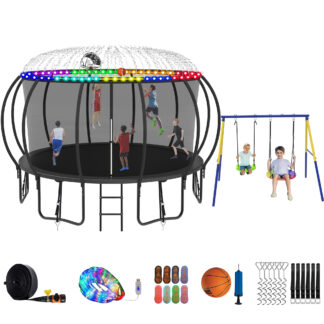 Jump Into Fun Trampoline 8 10 12 14 15 16FT, Trampoline with Enclosure, Basketball Hoop, Swing, LED Light and Gifts, 1500LBS Trampoline for 3-4 Adults/ 7-8 Kids, Outdoor Galvanized Spray Trampoline