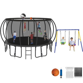 Jump Into Fun Trampoline 8 10 12 14 15 16FT, Trampoline with Enclosure, Basketball Hoop, Swing and Wind Stakes, 1500LBS Trampoline for 3-4 Adults/ 7-8 Kids, Outdoor Galvanized Spray Trampoline