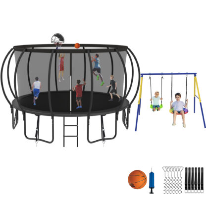 Jump Into Fun Trampoline 8 10 12 14 15 16FT, Trampoline with Enclosure, Basketball Hoop, Swing and Wind Stakes, 1500LBS Trampoline for 3-4 Adults/ 7-8 Kids, Outdoor Galvanized Spray Trampoline