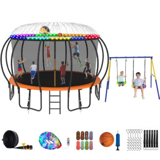 Jump Into Fun Trampoline 8 10 12 14 15 16FT, Trampoline with Enclosure, Basketball Hoop, Swing, LED Light and Gifts, 1500LBS Trampoline for 4-5 Adults/ 9-10 Kids, Outdoor Galvanized Spray Trampoline
