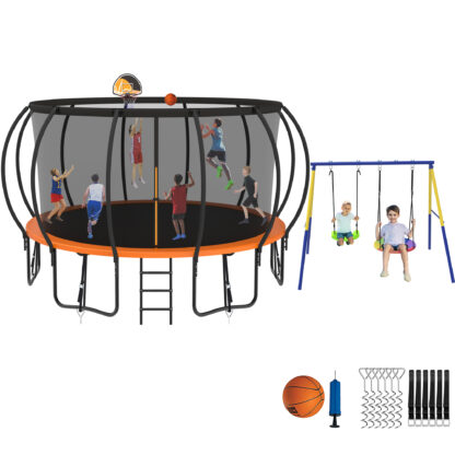 Jump Into Fun Trampoline 8 10 12 14 15 16FT, Trampoline with Enclosure, Basketball Hoop, Swing and Wind Stakes, 1500LBS Trampoline for 4-5 Adults/ 9-10 Kids, Outdoor Galvanized Spray Trampoline