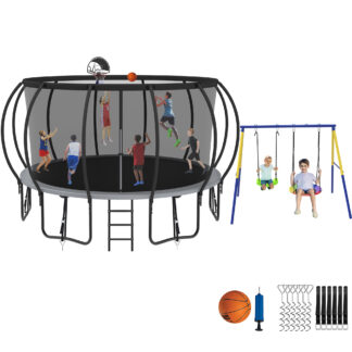 Jump Into Fun Trampoline 8 10 12 14 15 16FT, Trampoline with Enclosure, Basketball Hoop, Swing and Wind Stakes, 1500LBS Trampoline for 4-5 Adults/ 9-10 Kids, Outdoor Galvanized Spray Trampoline