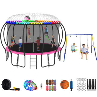 Jump Into Fun Trampoline 8 10 12 14 15 16FT, Trampoline with Enclosure, Basketball Hoop, Swing, LED Light and Gifts, 1500LBS Trampoline for 4-5 Adults/ 9-10 Kids, Outdoor Galvanized Spray Trampoline